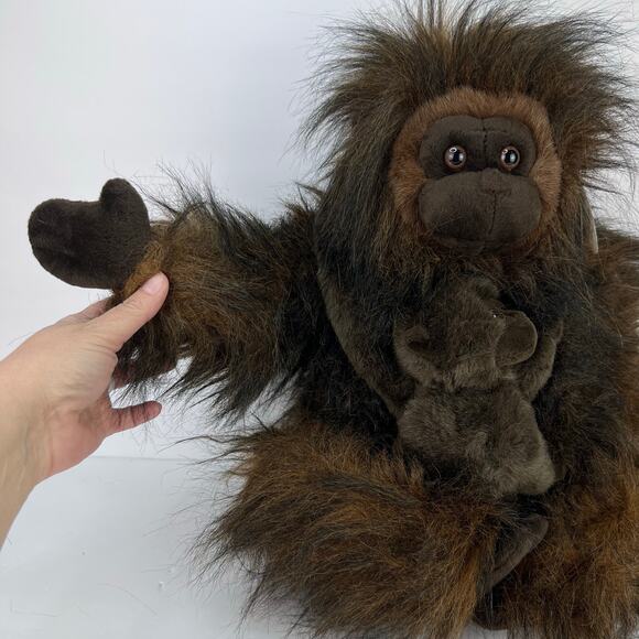 NEW People Pals Plush Ape Orangutan‎ Long Brown Fur Plush Gorilla 14in w Baby - Picture 7 of 13
